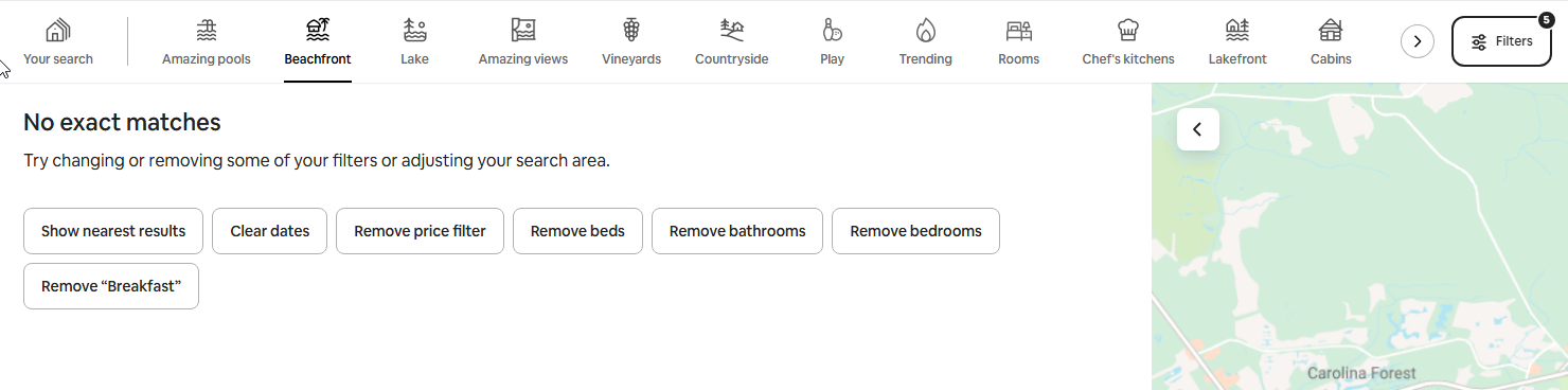 Booking site showing a No exact matches message that asks users to remove filters