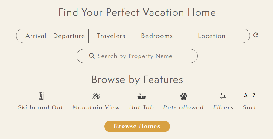 Homepage Quick Search with dates, travelers, bedrooms, location and feature filters