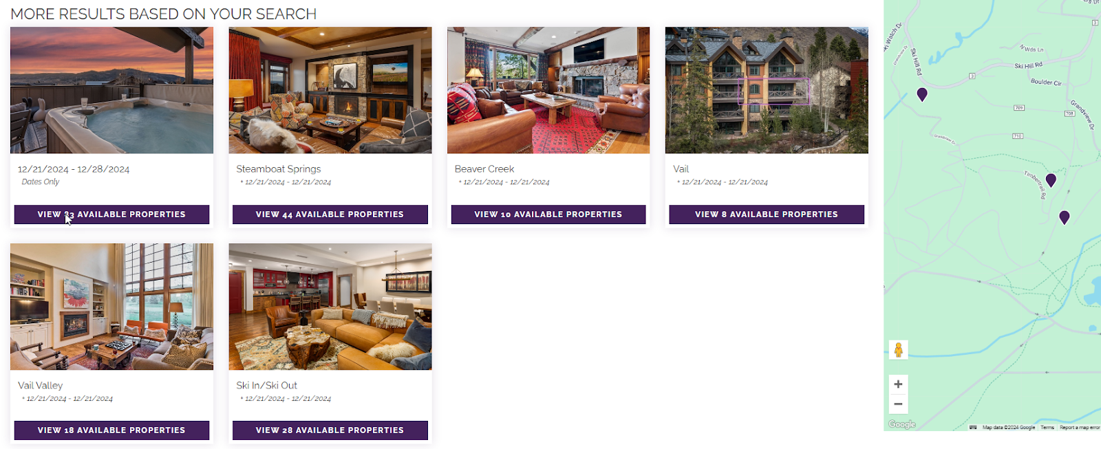 Suggested Searches cards showing alternate amenities and locations for the same stay dates