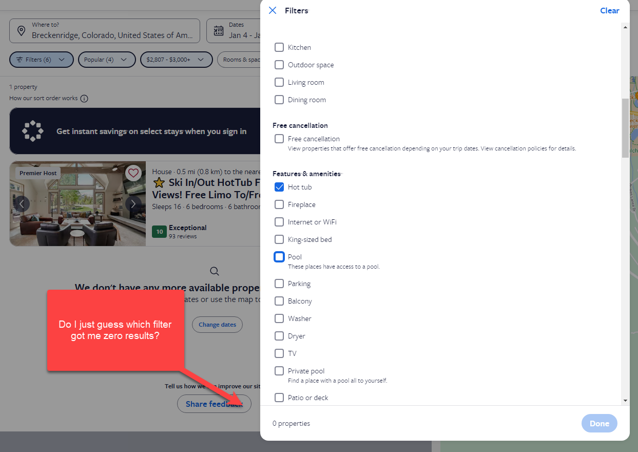 Booking site filter panel returning zero properties with no clue which filter caused it