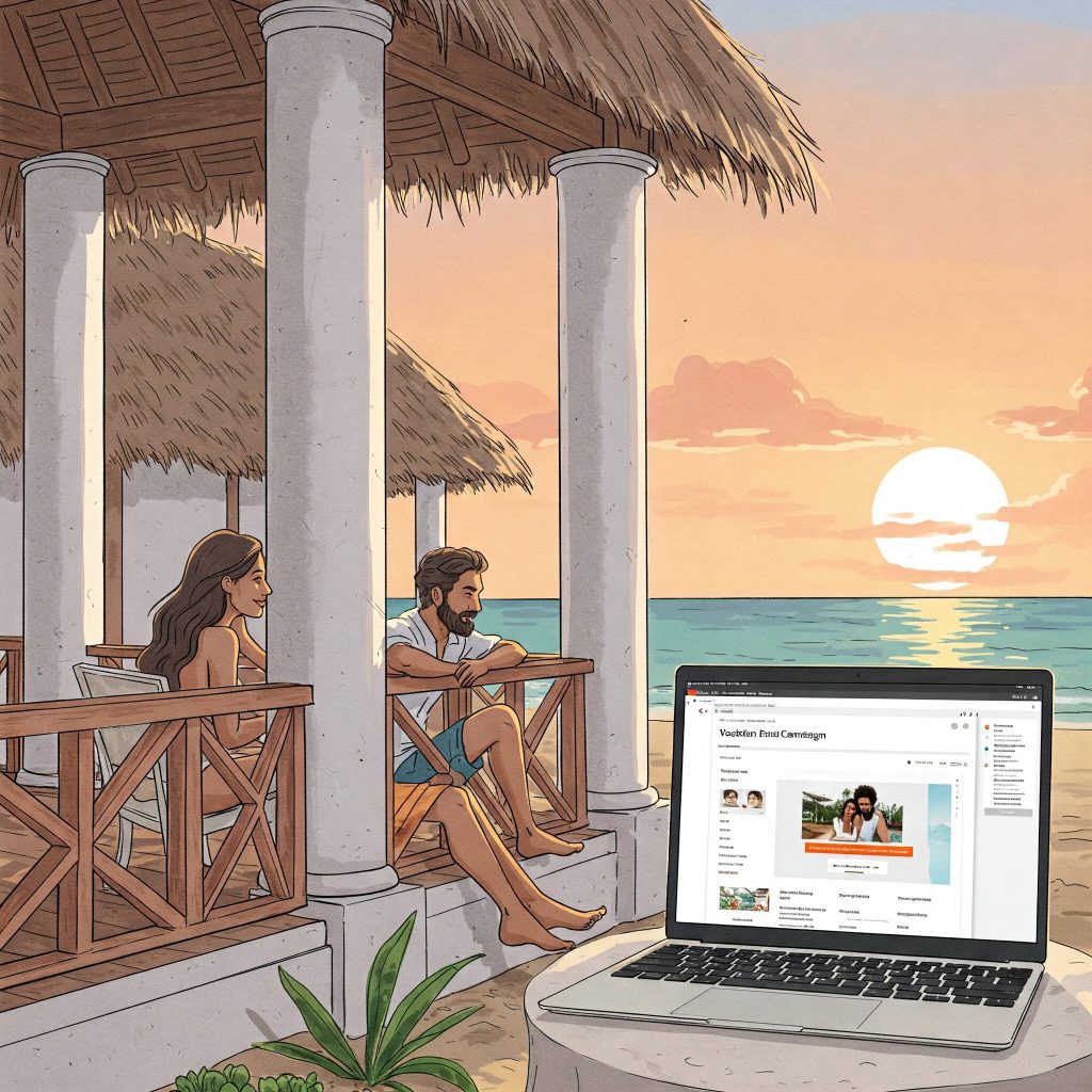 Couple sit near beach with laptop open